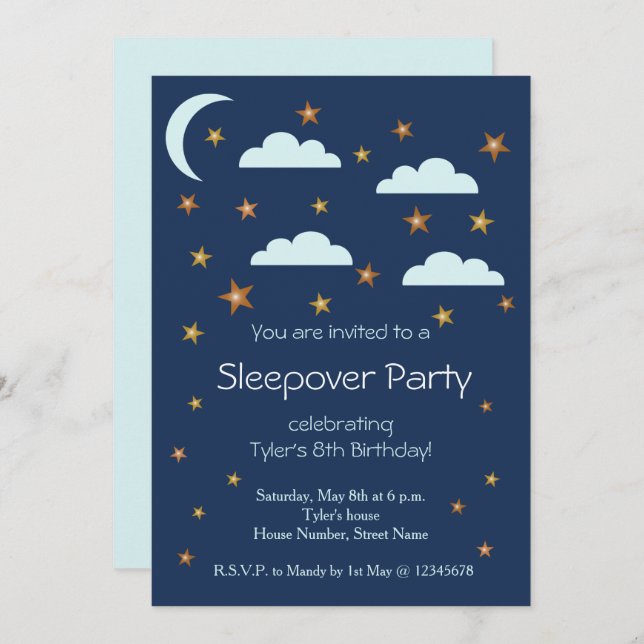 Gold Stars Blue Clouds Birthday Sleepover Party Invitation (Front/Back)