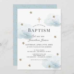 Gold Stars & Blue Clouds Boy Baptism Invitation