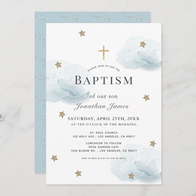 Gold Stars & Blue Clouds Boy Baptism Invitation (Front/Back)