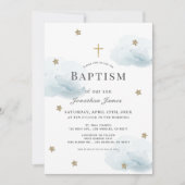 Gold Stars & Blue Clouds Boy Baptism Invitation (Front)
