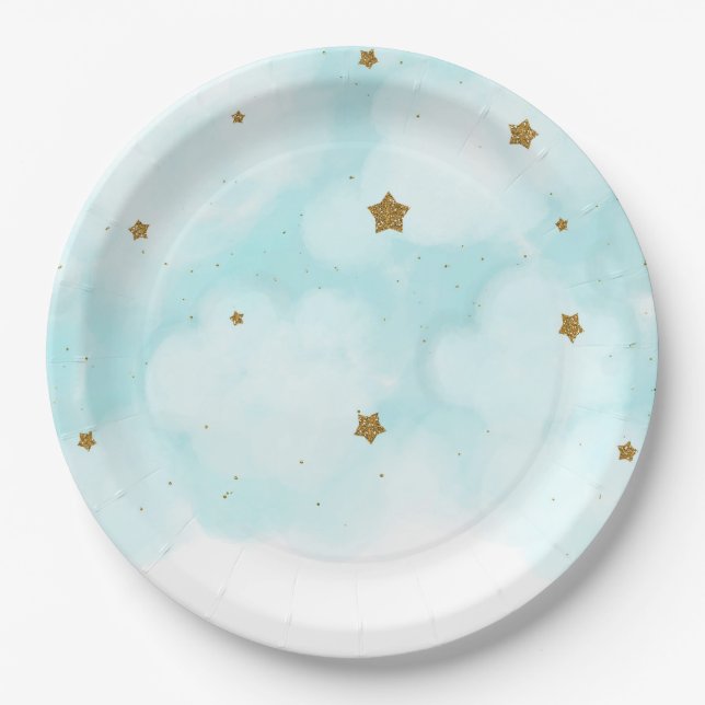 Gold Stars & Blue Sky Clouds Baby Shower Party Paper Plate (Front)