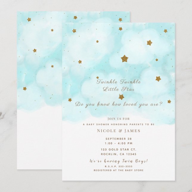 Gold Stars & Blue Sky Clouds Baby Shower Twins Invitation (Front/Back)