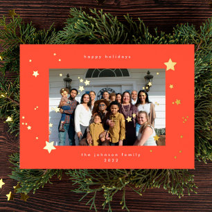 Gold Stars Cherry Red Photo Happy Christmas Foil Holiday Card