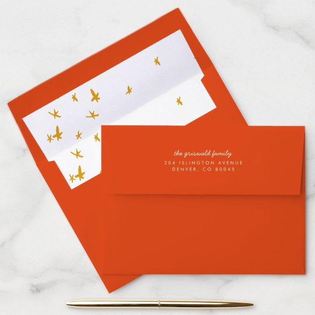 Gold Stars Christmas Liner Return Address Envelope (Red return address envelope with gold stars liner.)