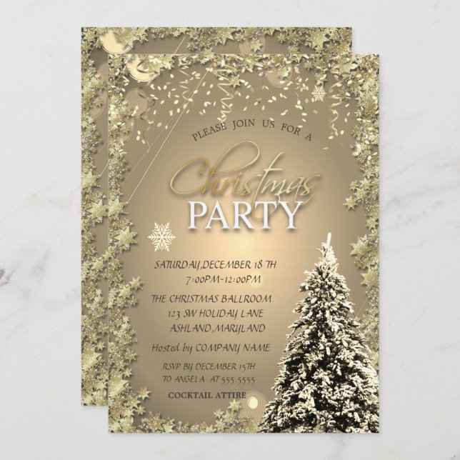 Gold Stars,Christmas Tree Company Christmas Party Invitation (Front/Back)