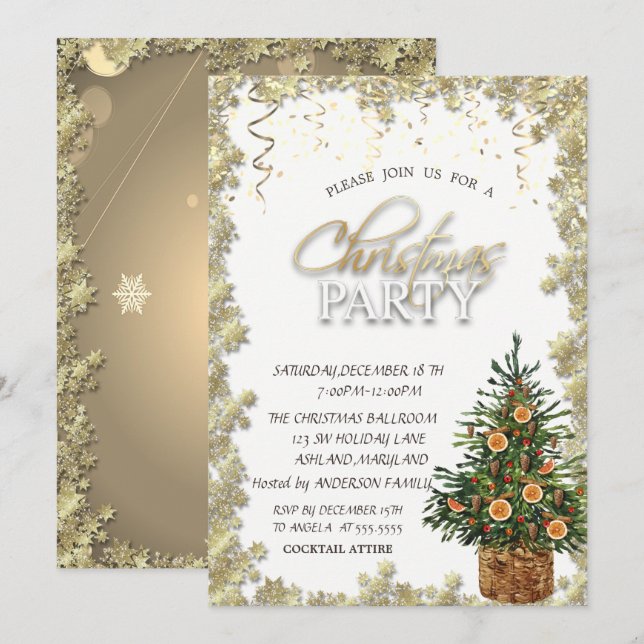 Gold Stars,Christmas Tree Orange Christmas Party Invitation (Front/Back)
