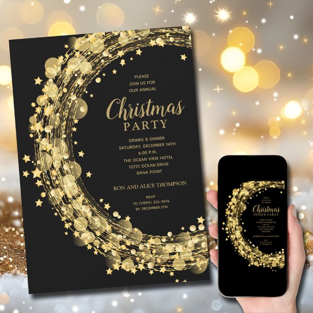 Gold Stars Circles Christmas Holiday Invitations (Gold star wreath Christmas holiday party invitations, PRINTED and/or INSTANT DOWNLOAD)