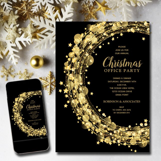 Gold Stars Circles Christmas Holiday Invitations (Gold star wreath on Black Christmas party invitations - INSTANT DOWNLOAD and/or PRINTED)