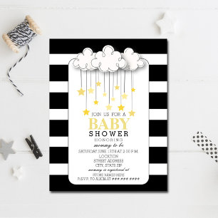 Gold Stars Cloud Black + White Neutral Baby Shower Invitation