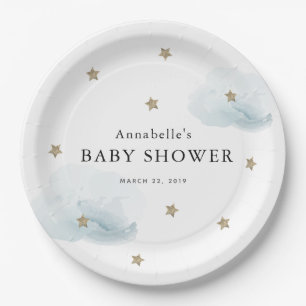Gold Stars & Clouds Baby Shower Paper Plate