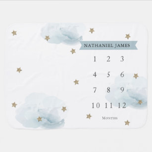 Gold Stars & Clouds Blue Boy Monthly Milestone Baby Blanket