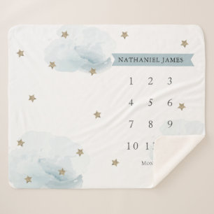 Gold Stars & Clouds Blue Boy Monthly Milestone Sherpa Blanket