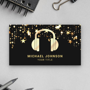 Gold Stars Confetti Black Gold Headphones Music DJ Business Card