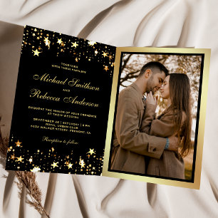 Gold Stars Confetti Black QR Code Wedding Invitation