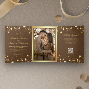 Gold Stars Confetti Dark Brown QR Code Wedding Tri-Fold Invitation