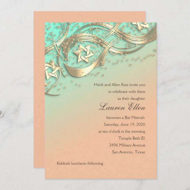Gold Stars Confetti Flourish Bat Mitzvah Aqua  Invitation (Front/Back)