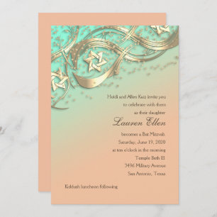 Gold Stars Confetti Flourish Bat Mitzvah Aqua  Invitation