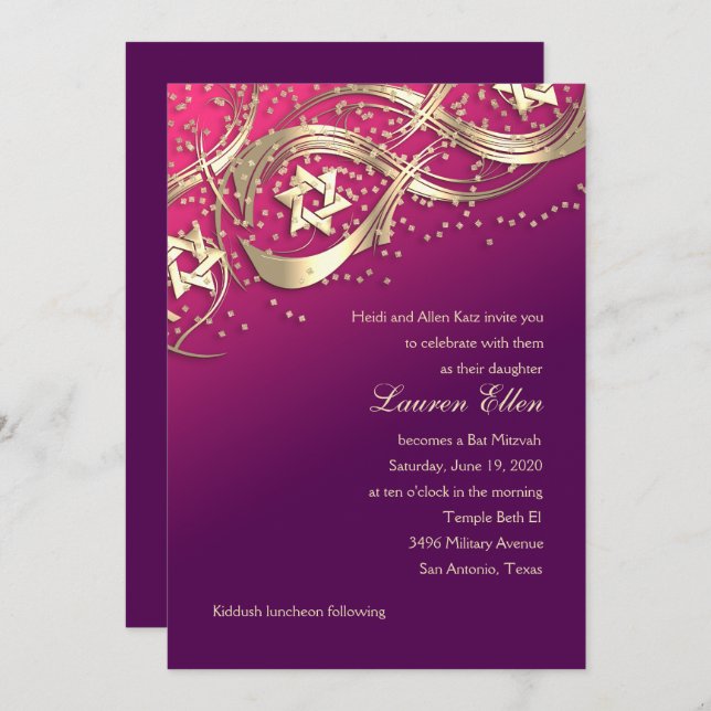 Gold Stars Confetti Flourish Bat Mitzvah Pink  Invitation (Front/Back)