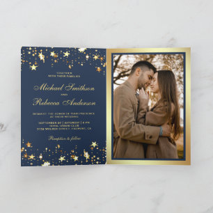 Gold Stars Confetti Navy Blue QR Code Wedding Invitation
