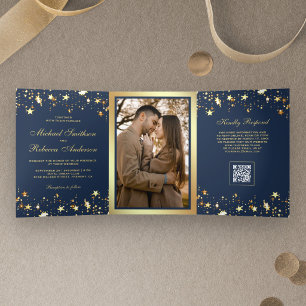 Gold Stars Confetti Navy Blue QR Code Wedding Tri-Fold Invitation