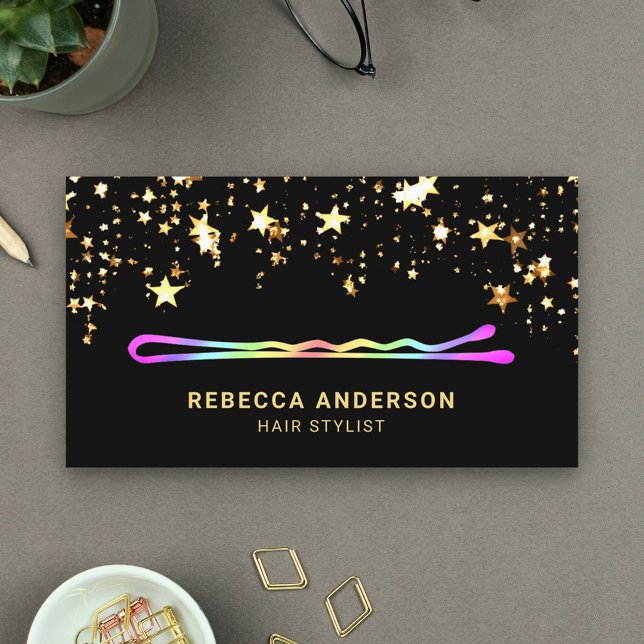 Gold Stars Confetti Rainbow Hair pin Hair Stylist Business Card (Creator Uploaded)