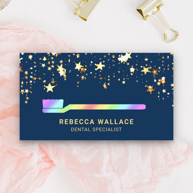 Gold Stars Confetti Rainbow Toothbrush Dentist Business Card (Creator Uploaded)