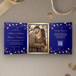 Gold Stars Confetti Royal Blue QR Code Wedding Tri-Fold Invitation