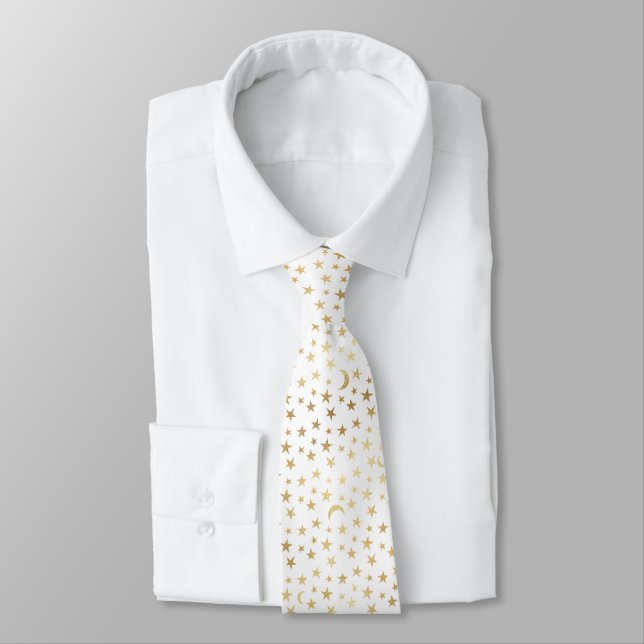Gold Stars Crescent Moons Pattern Tie (Tied)