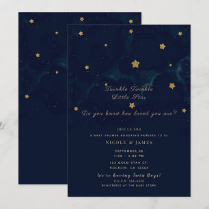 Gold Stars Dark Blue Night Sky Baby Shower Twins Invitation