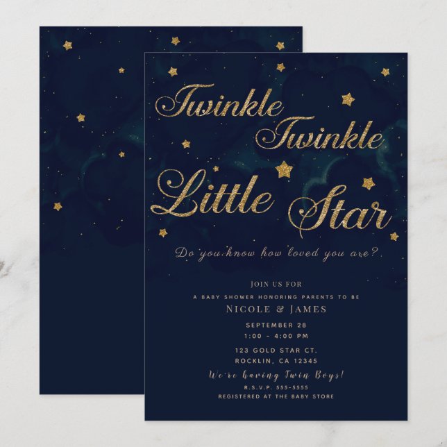 Gold Stars Dark Blue Night Sky Baby Shower Twins Invitation (Front/Back)