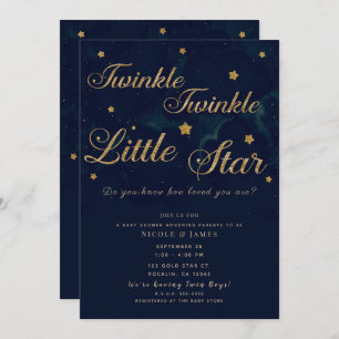 Gold Stars Dark Blue Night Sky Baby Shower Twins Invitation