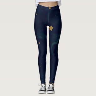Gold Stars & Dark Blue Sky Clouds Cute Celestial Leggings