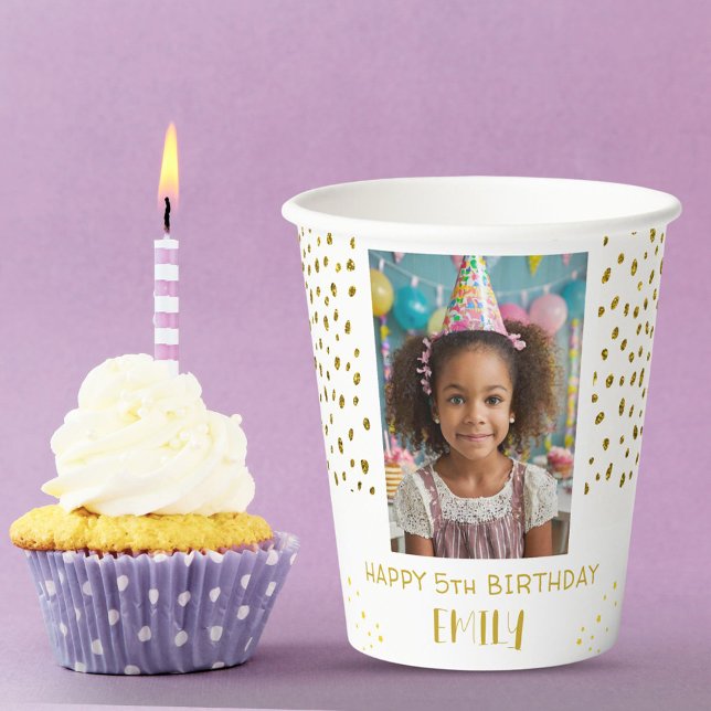 Gold Stars Faux Glitter Birthday Kids Girl Photo Paper Cups (Creator Uploaded)