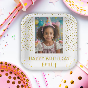 Gold Stars Faux Glitter Birthday Kids Girl Photo Paper Plate