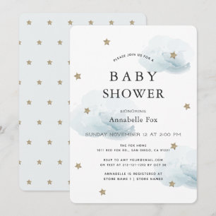 Gold Stars & Fluffy Clouds Baby Shower Invitation