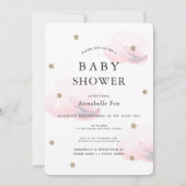 Gold Stars & Fluffy Pink Clouds Baby Shower Invitation (Front)