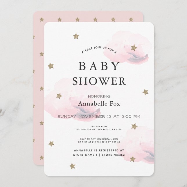 Gold Stars & Fluffy Pink Clouds Baby Shower Invitation (Front/Back)