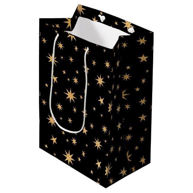 Gold Stars Gift Bag - Black Background (Front Angled)