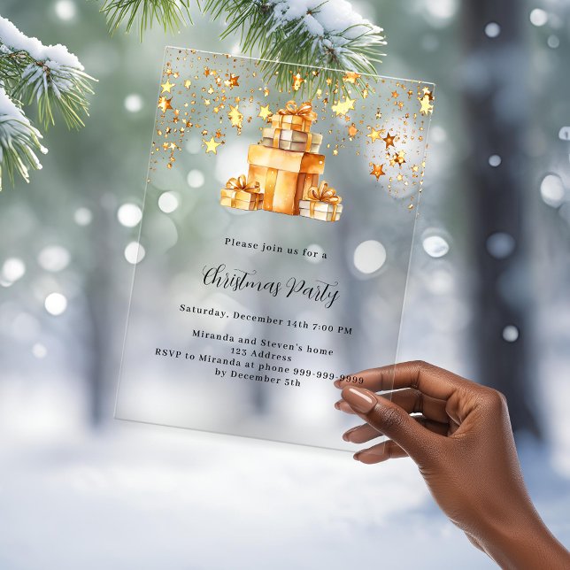 Gold stars gifts frosted Christmas Party Acrylic Invitations (Creator Uploaded)