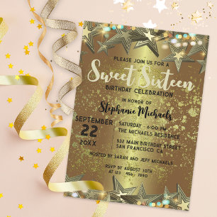 Gold Stars Glitter and Lights Sweet 16 Birthday Invitation
