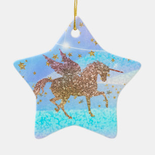Gold Stars Glitter Flying Unicorn Purple Custom Ceramic Ornament