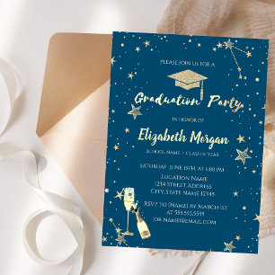 Gold Stars Glitter Grad Cap Invitation