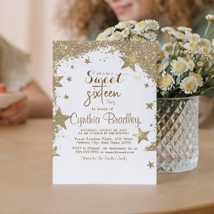 Gold Stars glitter Sweet Sixteen Birthday Party Invitation