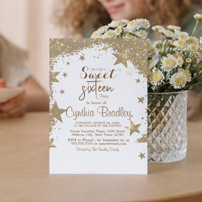 Gold Stars glitter Sweet Sixteen Birthday Party  Invitation (Creator Uploaded)