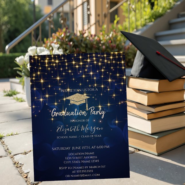Gold Stars Graduation Cap Navy Blue Graduation Invitation (Creator Uploaded)