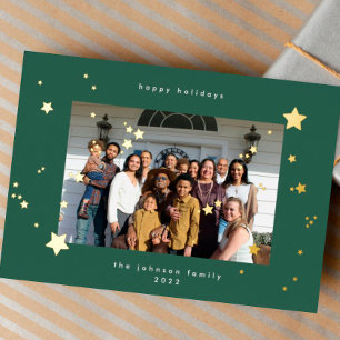 Gold Stars Green Emerald Photo Happy Christmas Foil Holiday Card