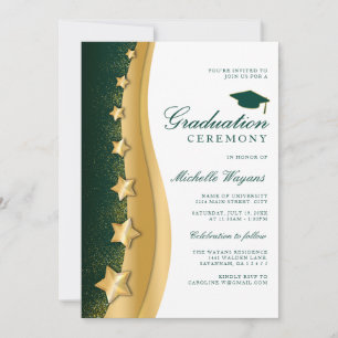 Gold Stars Green Graduation Ceremony & Party Invitation