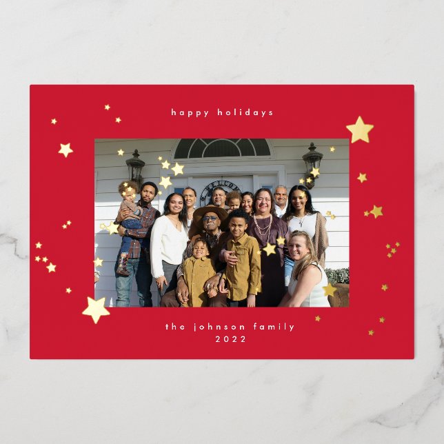 Gold Stars Happy Christmas Red Photo Foil Holiday (Front)