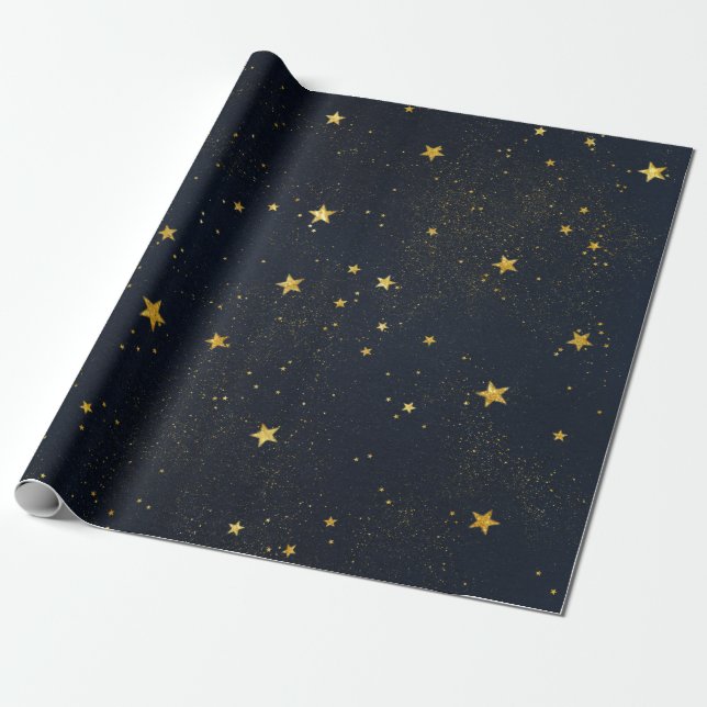 Gold Stars In Night Sky Wrapping Paper (Unrolled)