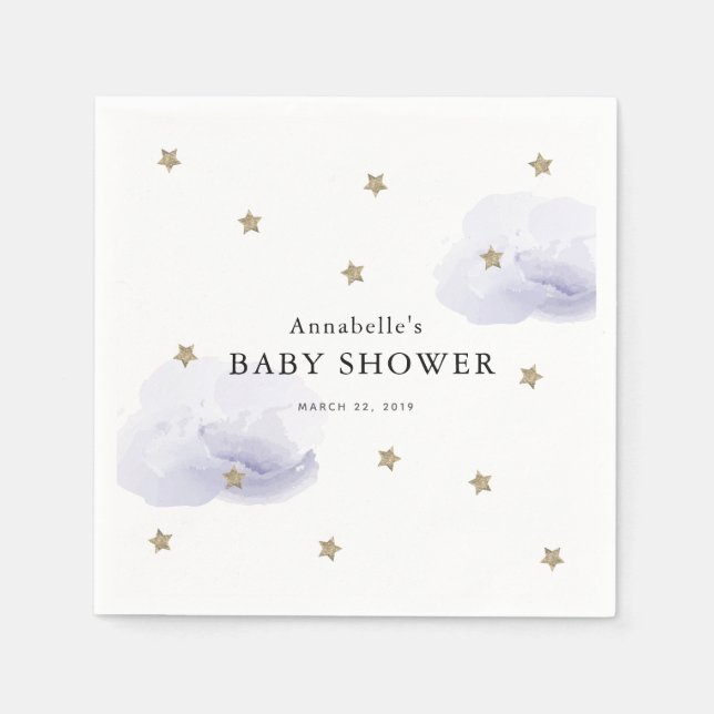 Gold Stars & Lavender Clouds Baby Shower Paper Napkin (Front)